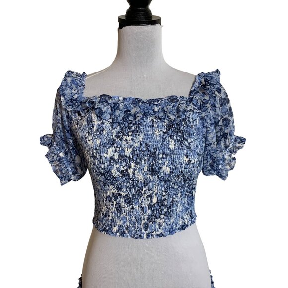 Express 2 Piece Set Off Shoulder Smocked Floral Dress Size M Blue White Crop Top - Picture 16 of 16
